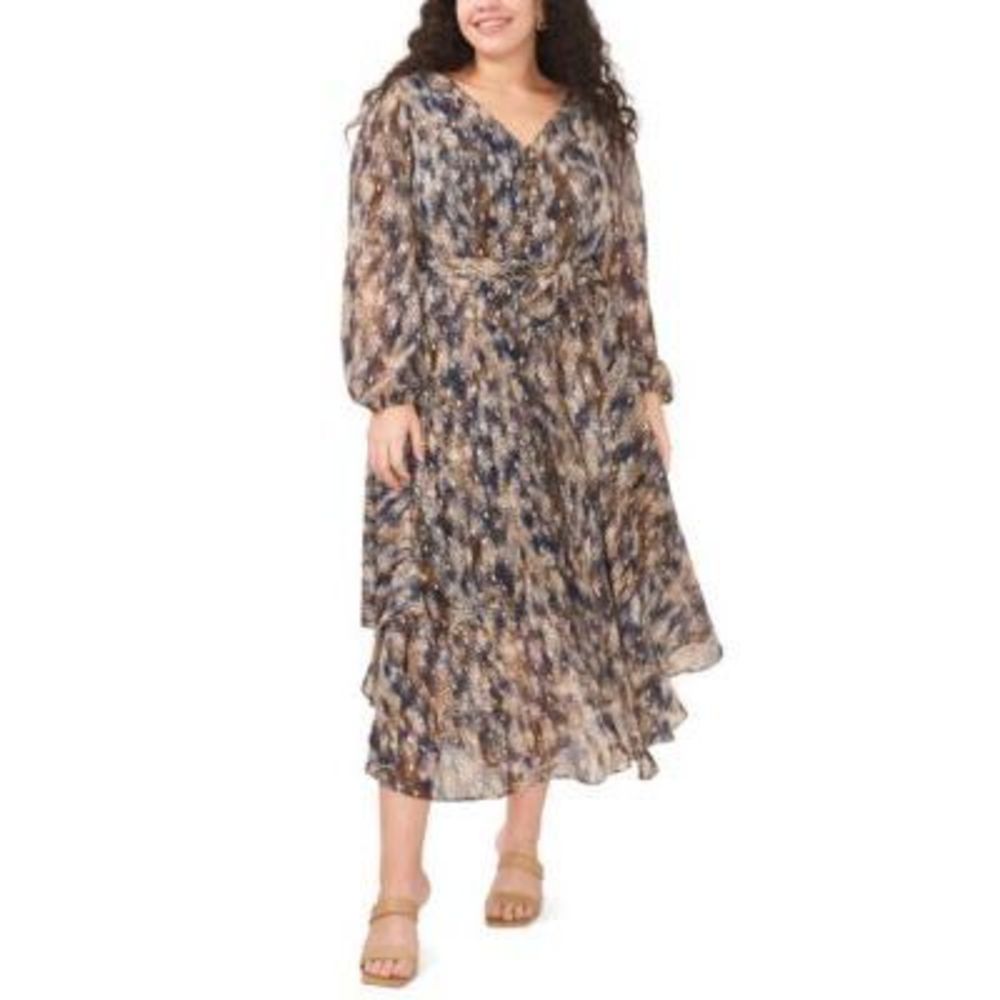 Msk Plus Size Metallic Multicolor Clip Dot Printed Midi Dress 1X